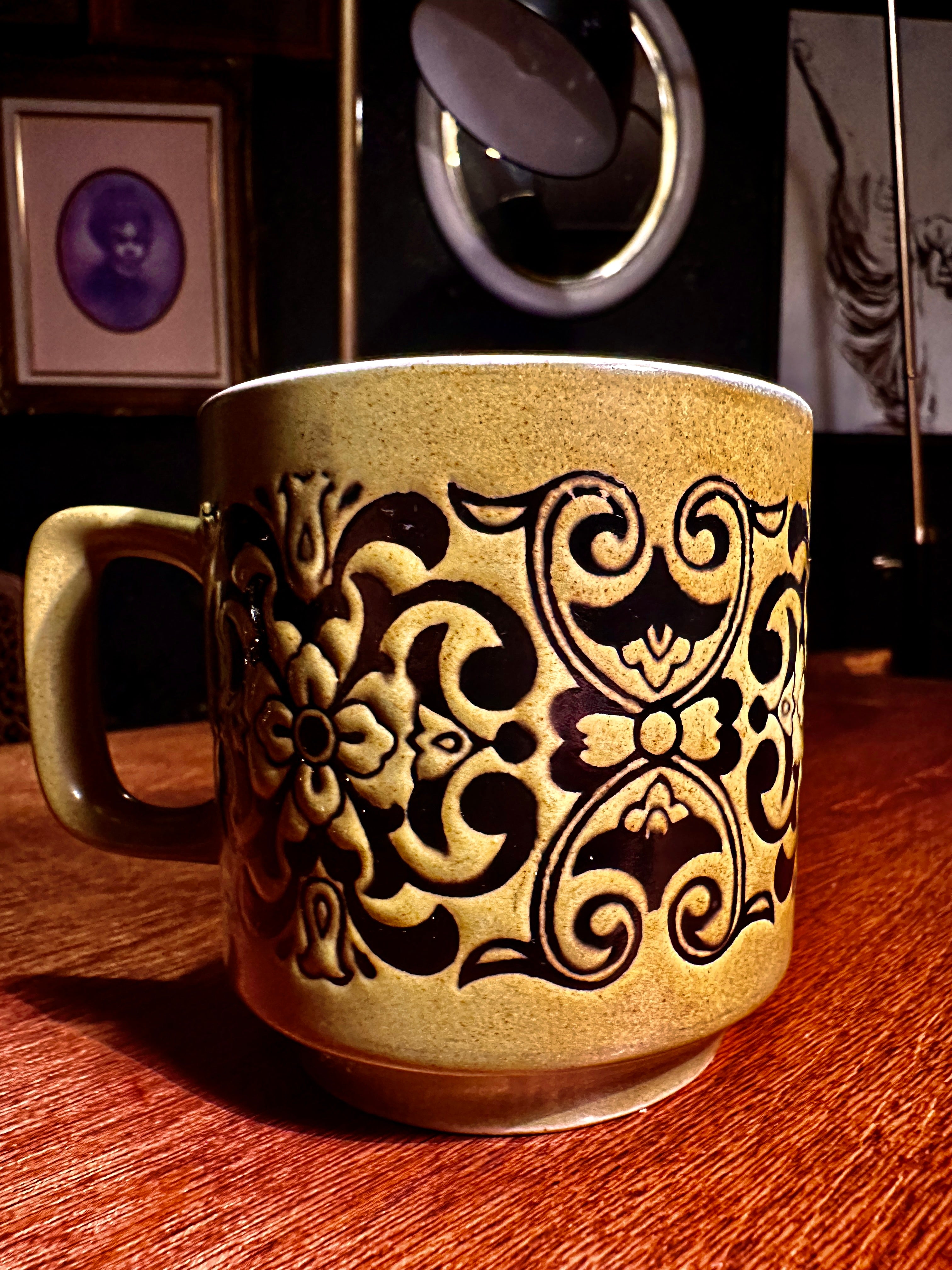 Vintage Studio Pottery Mug with Raised Floral Motif | Mid-Century Earth Tone Stoneware