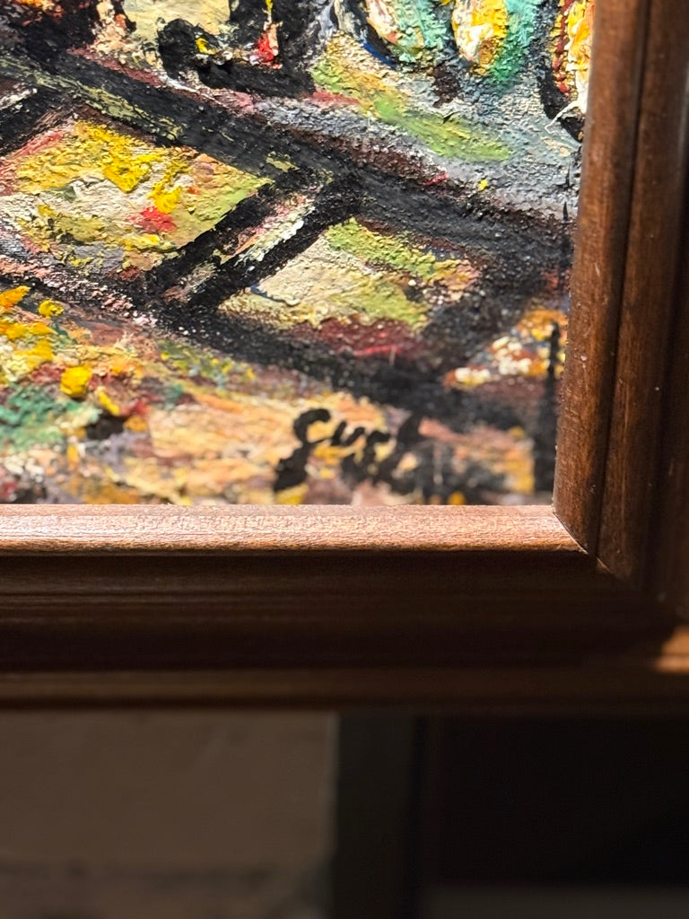 Expressionist Oil Painting of Railroad Village – Signed “Gustave” – Textured Mid-Century Folk Art in Rustic Frame