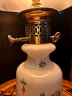 Vintage Floral Milk Glass Table Lamp with Bowed Paneled Shade | Petite Cottage Accent Lamp
