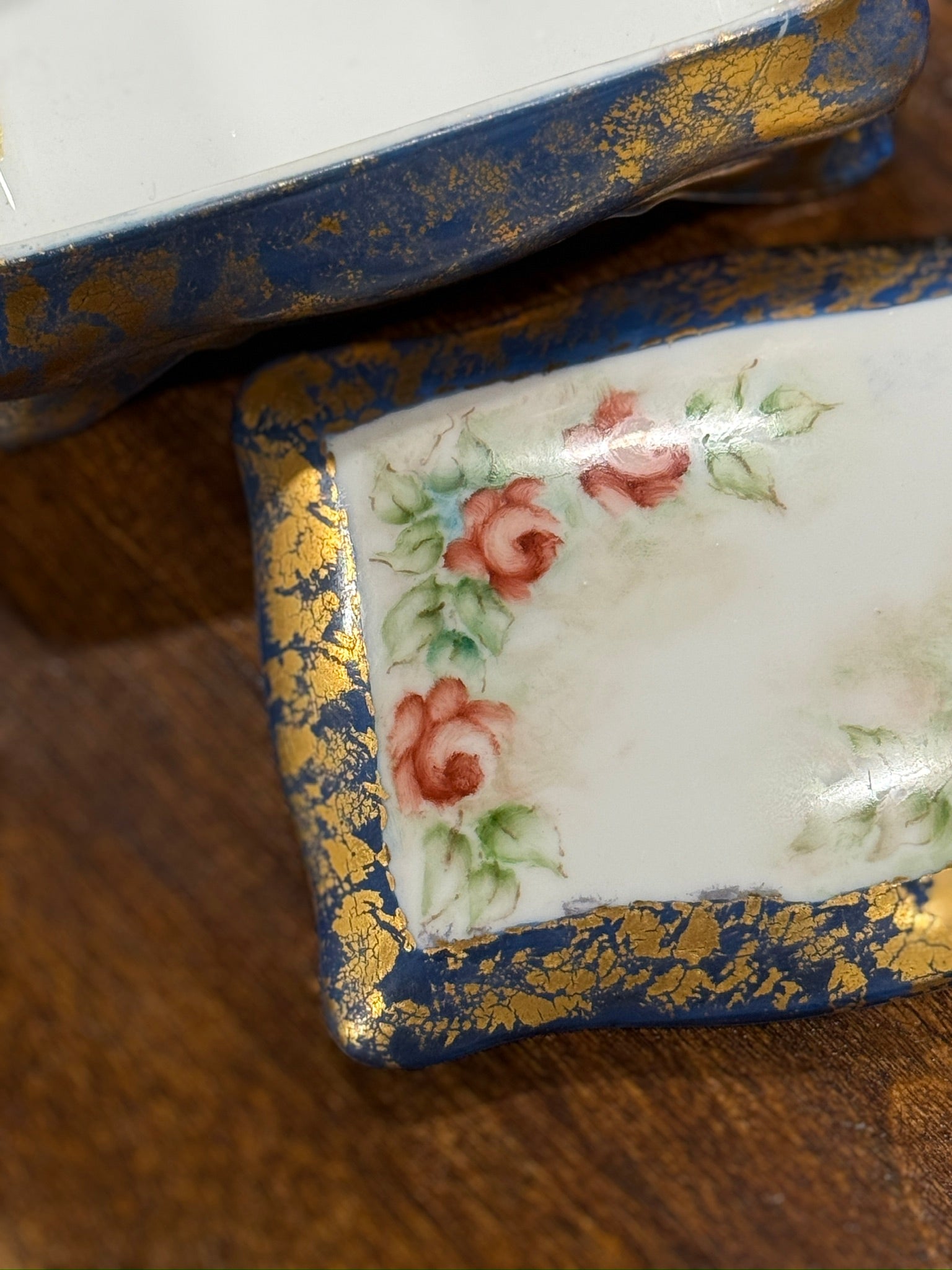 Artist-Signed Hand-Painted Porcelain Dresser Box with Cobalt Blue & Gold Finish