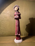 Three Hand-Painted Victorian Caroler Figures, Elongated Folk-Art Modelling with Dry-Brushed Antique Finish, Muffs, Bonnets and a Bell-Hung Wreath, Sold as a Set, c. 1985–2000