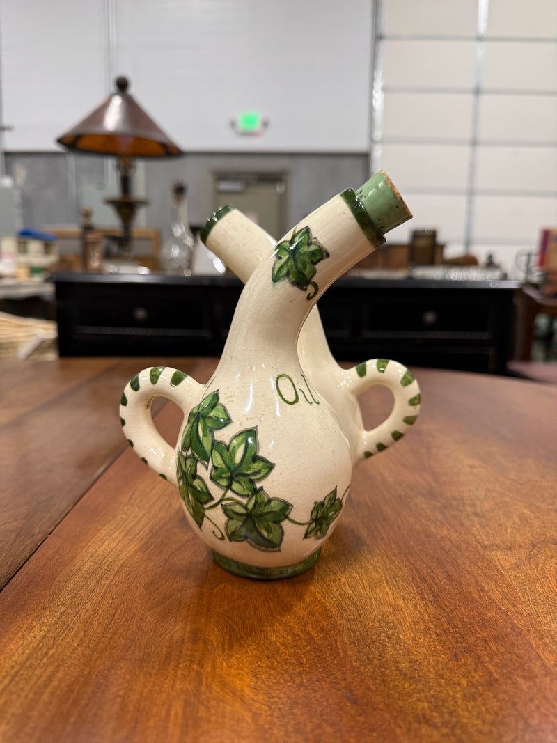 Vintage Mid Century Ceramic Oil and Vinegar Cruet with Hand-Painted Ivy c 1950s