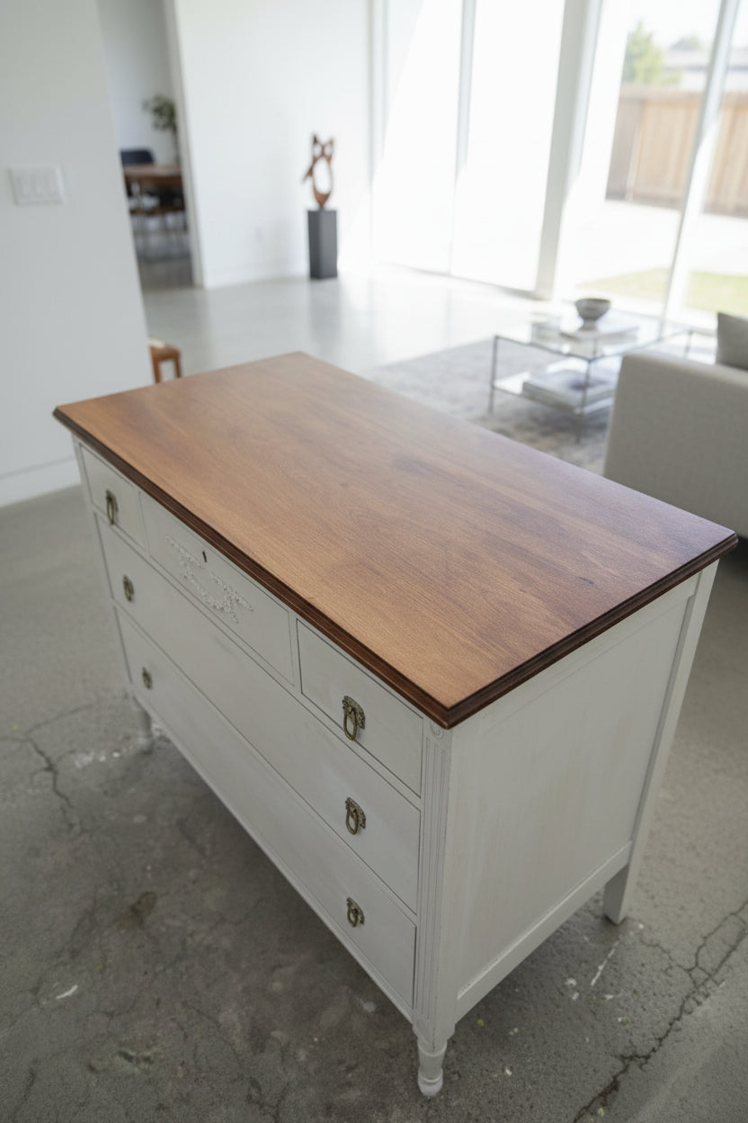 Louis XVI-Style White Chest Of Drawers with Custom Two-Tone Oak & Bombay Mahogany Top