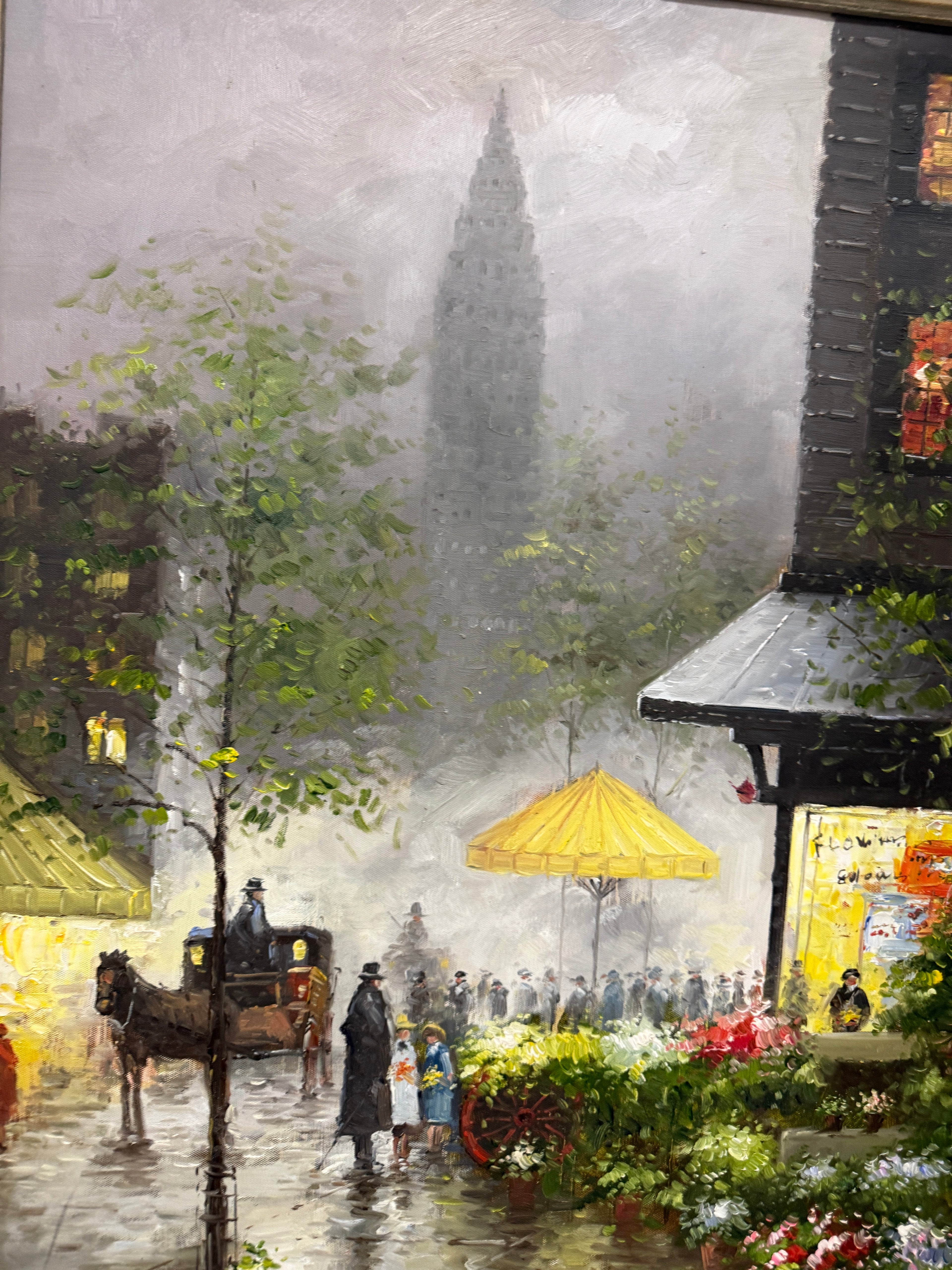 The Flower Market Beneath the Chrysler Building, Oil On Canvas 50 x 28, Unsigned 20th Century