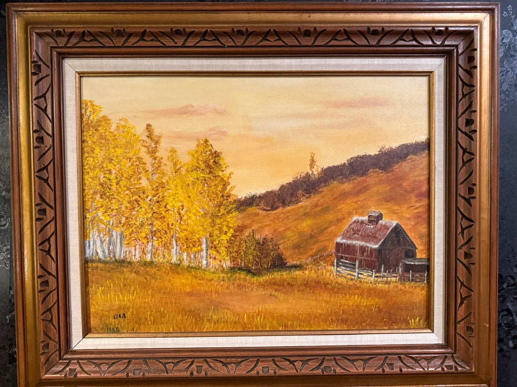 Vintage Landscape Painting, Old Ranch In Autumn Signed DEB, c. Mid Century