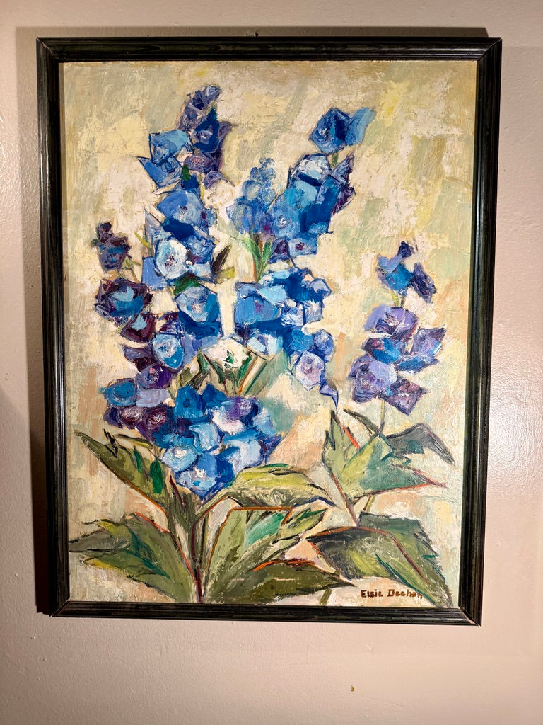 “Blue Delphiniums” by Elsie H. Deehan, Michigan Artist, Oil on Canvas (c. 1950s–1970s)