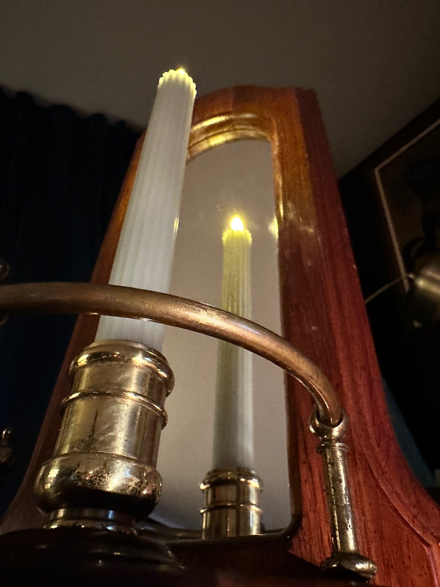 Italian Mirrored Wall Candle Sconce, c. 1950s–1960s | Federal Revival Wood & Brass Candleholder