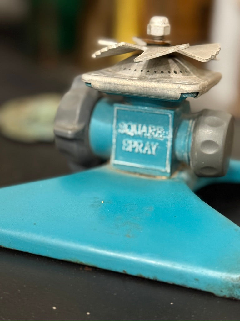 1960s Square Spray Turquoise Metal Lawn Sprinkler