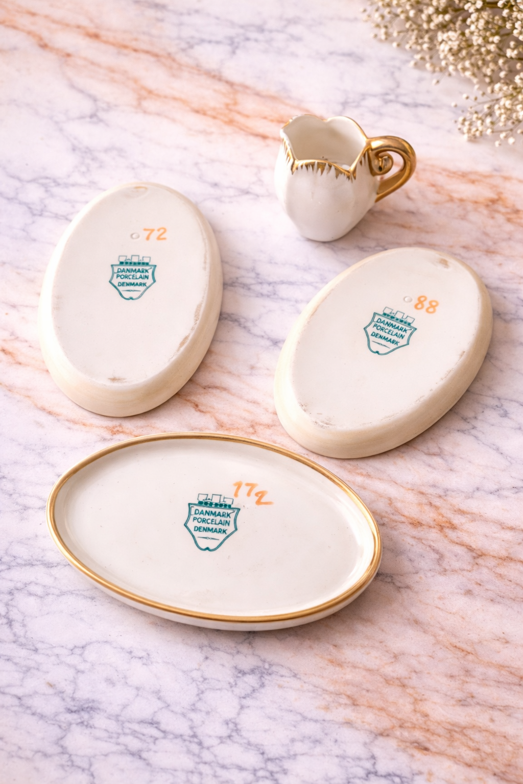 Vintage Danish Porcelain Floral Dishes with Mini Creamer, Set of 4 c. 1970s