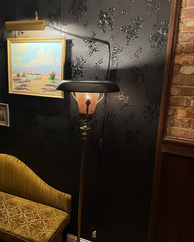 Art Deco Pull-Down Torchiere Floor Lamp – Brass & Amber Glass, c.1935-1950