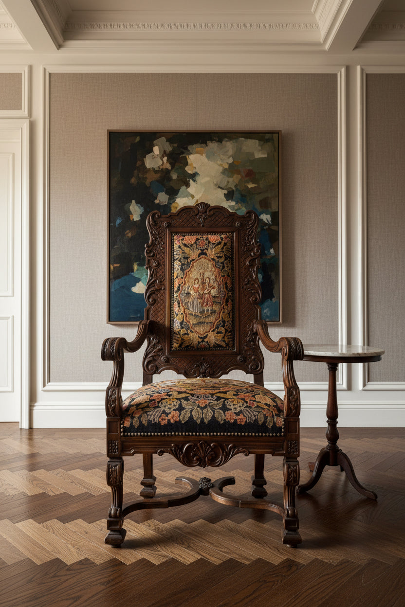 c.1870 French Renaissance Revival Carved Armchair with Antique Needlepoint