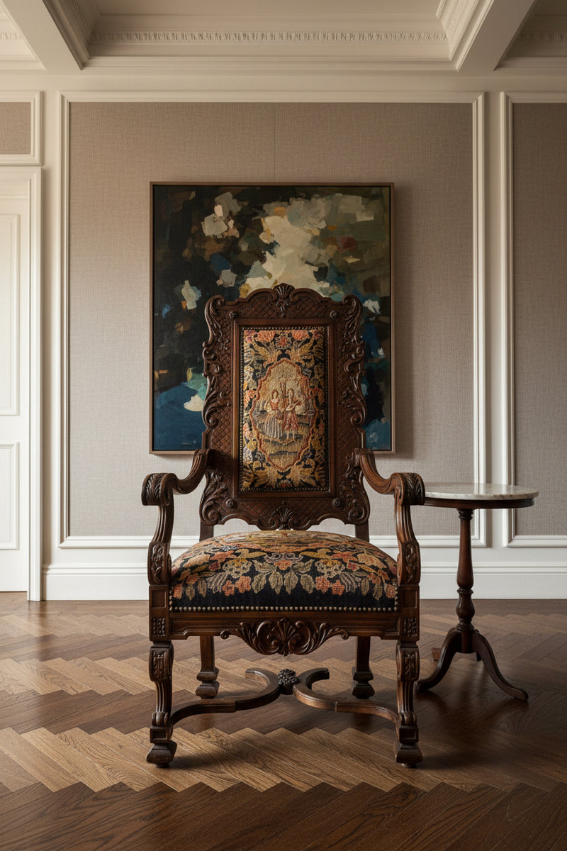 c.1870 French Renaissance Revival Carved Armchair with Antique Needlepoint
