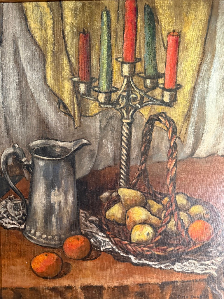 “Still Life with Candelabra and Fruit” by Elsie H. Deehan, Oil on Canvas (Mid-20th Century)