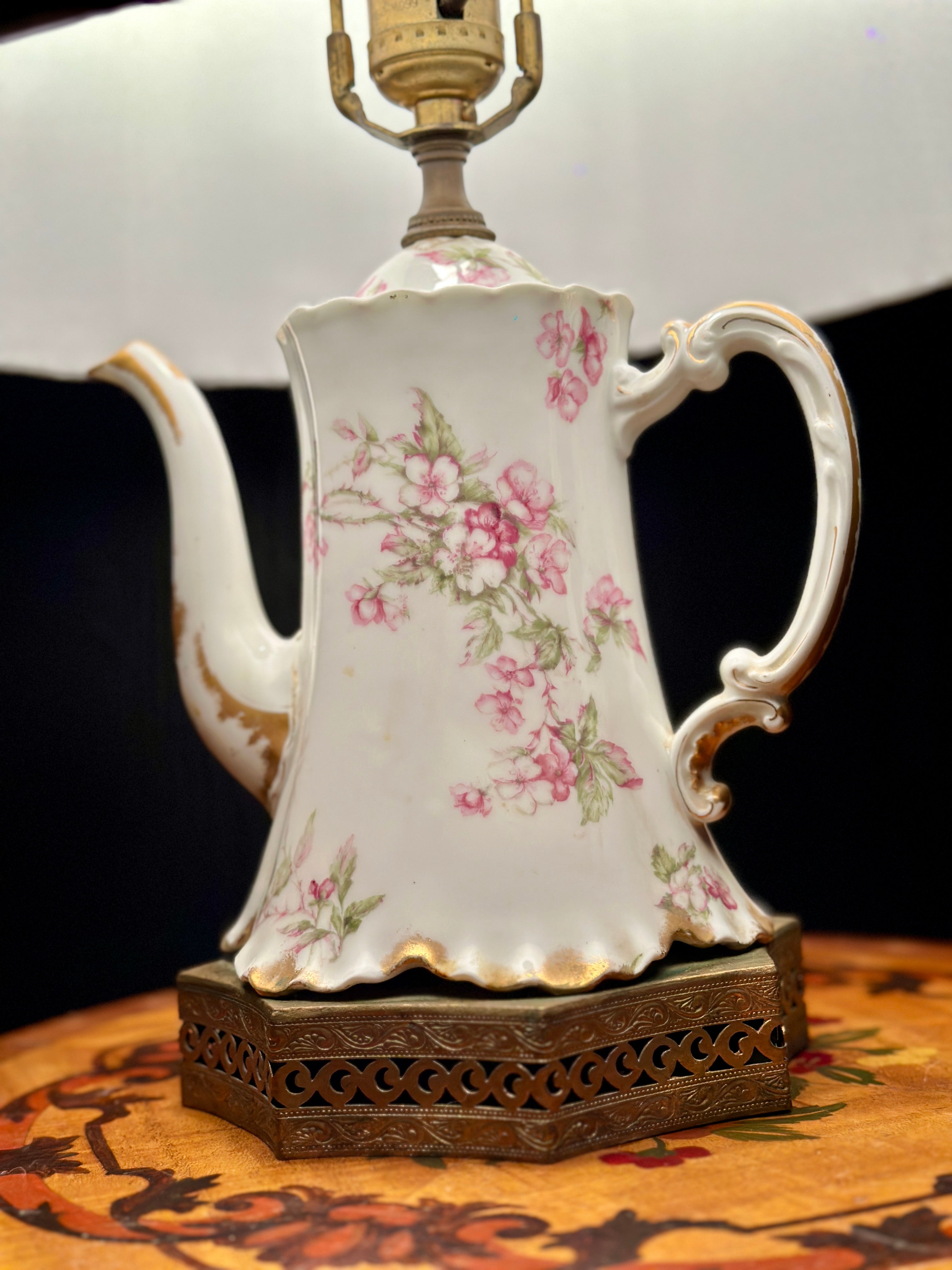 Antique Floral Porcelain Table Lamp Base with Brass Pierced Collar | Victorian Revival Accent Lamp