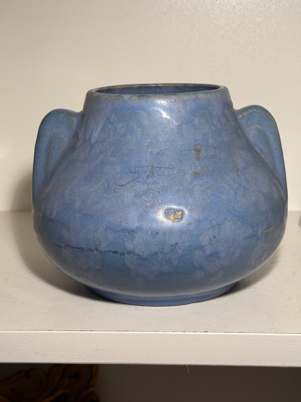 Two-Handled Art Pottery Vase, Mottled Blue Semi-Matte Glaze, c. 1915–1935