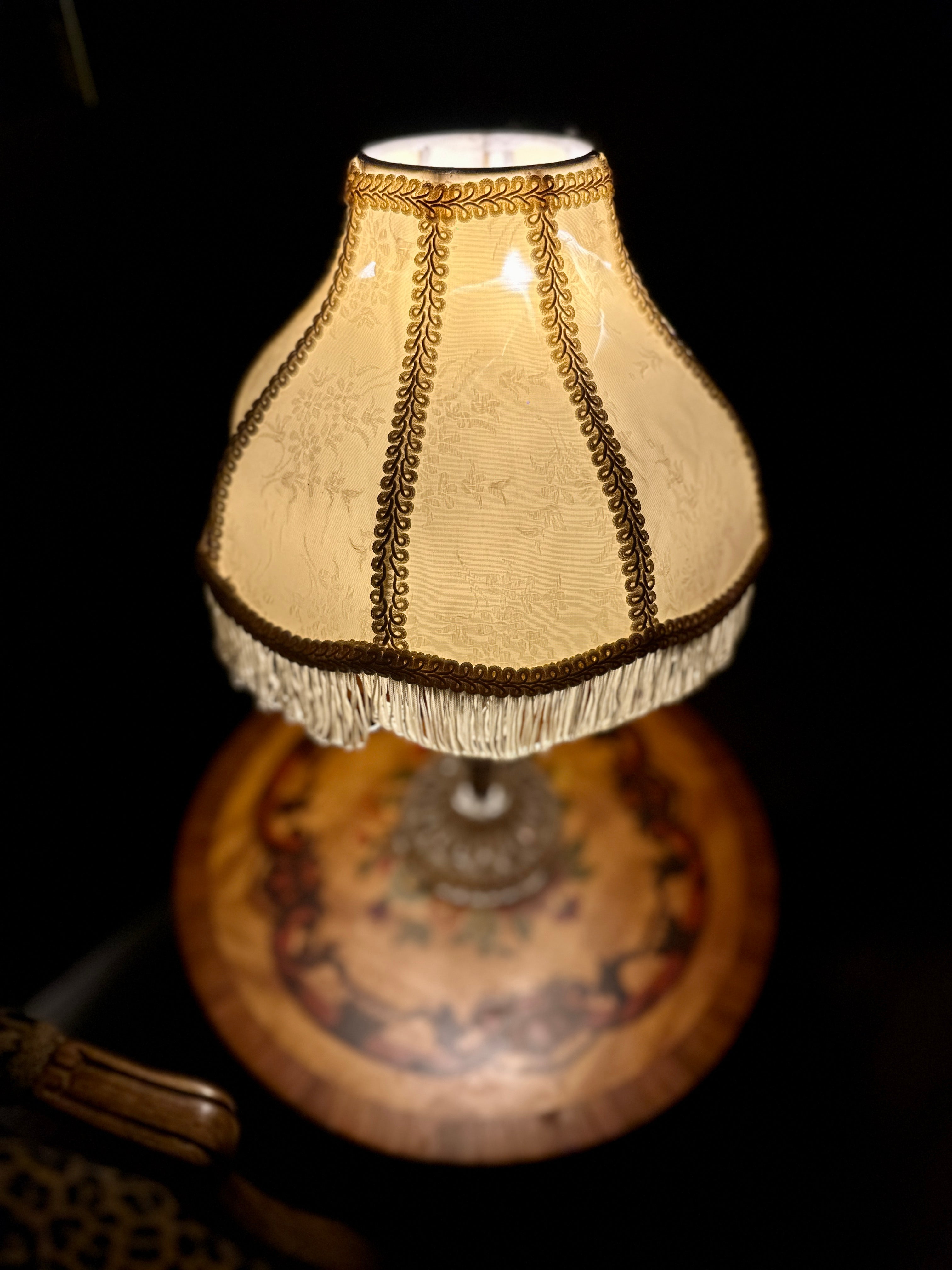 Vintage Pressed Glass Boudoir Table Lamp with Fringe Shade | Victorian Revival Accent Lamp