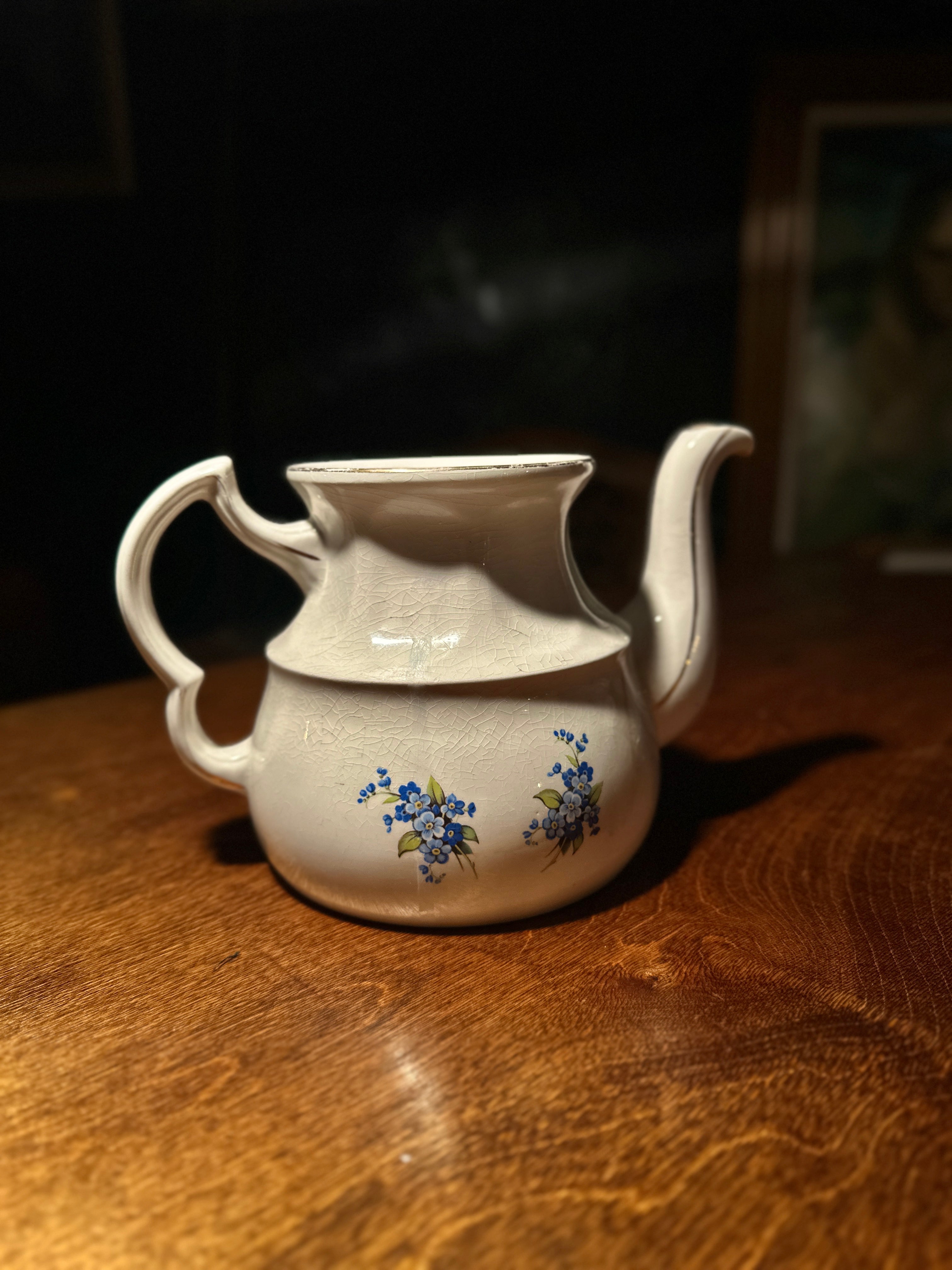 Vintage English Ironstone Teapot by Ellgreave | Forget-Me-Not Floral, 1940s–50s