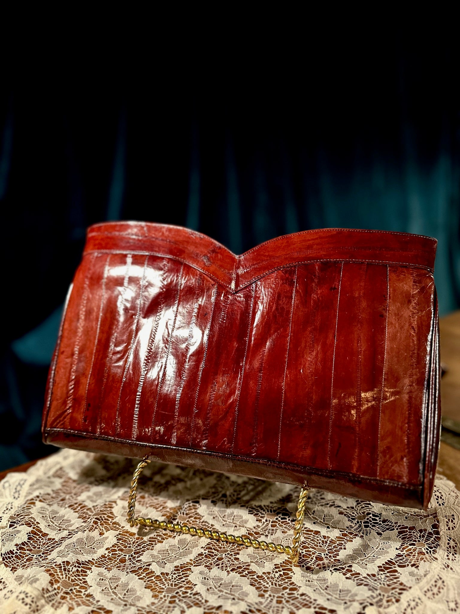 Burgundy Genuine Eel Skin Shoulder Bag, c. 1970s