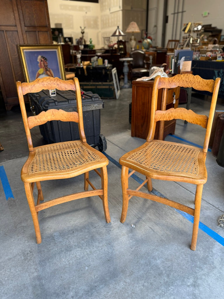 Pair of Antique Hand-Caned Ladder-Back Side Chairs, Circa 1900–1930s