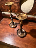 Pair of 1940s Jacobean Revival Barley Twist Wood &amp; Brass Candlesticks
