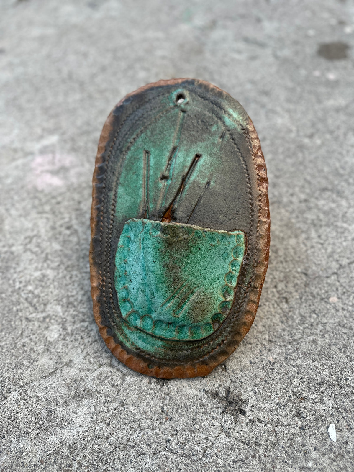 Slab-Built Stoneware Wall Pocket, Oval, Copper-Green Glaze Breaking Rust over Incised and Rouletted Decoration, c. 1970–1995