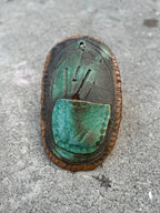 Slab-Built Stoneware Wall Pocket, Oval, Copper-Green Glaze Breaking Rust over Incised and Rouletted Decoration, c. 1970–1995