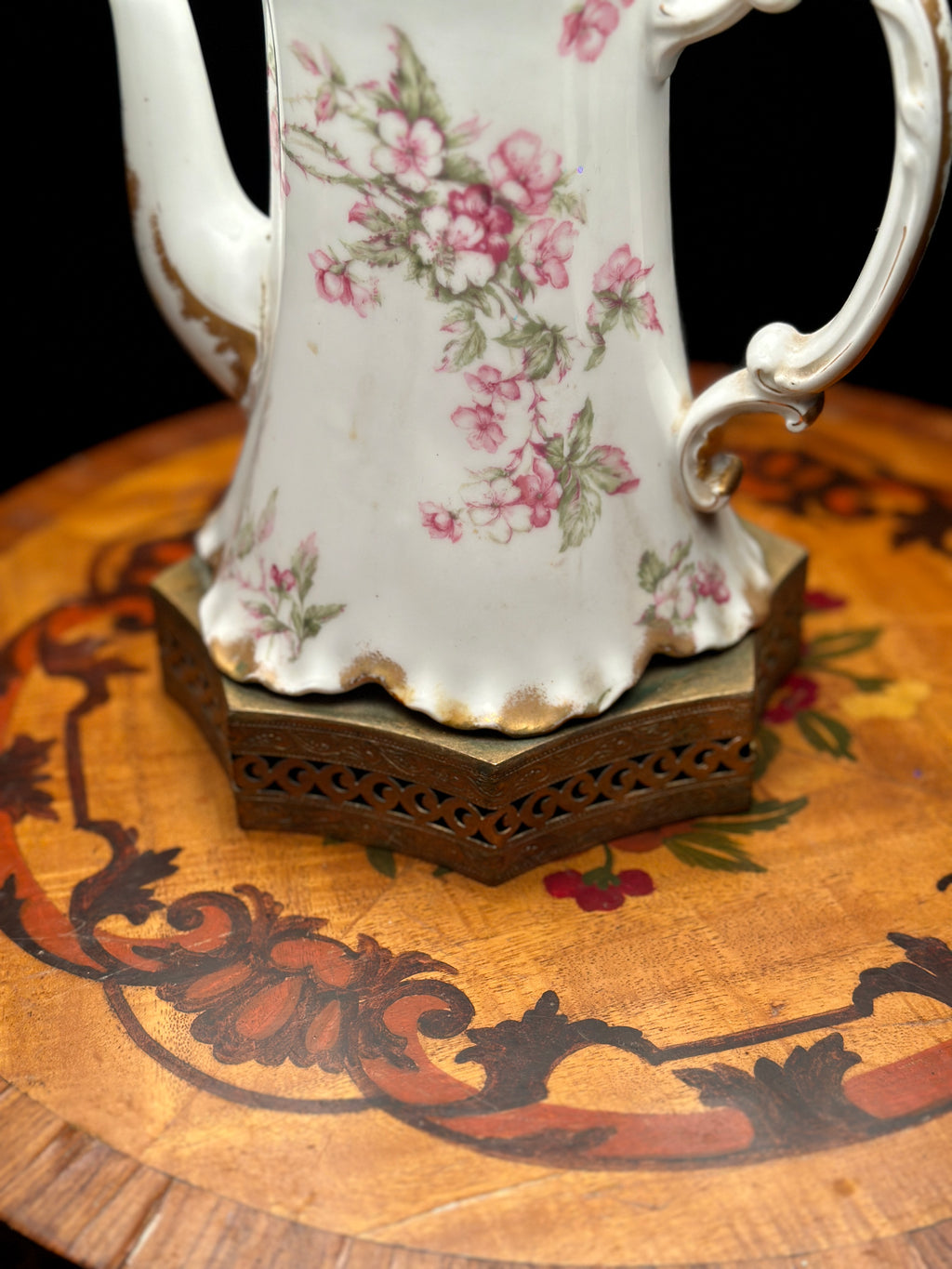 Antique Floral Porcelain Table Lamp Base with Brass Pierced Collar | Victorian Revival Accent Lamp