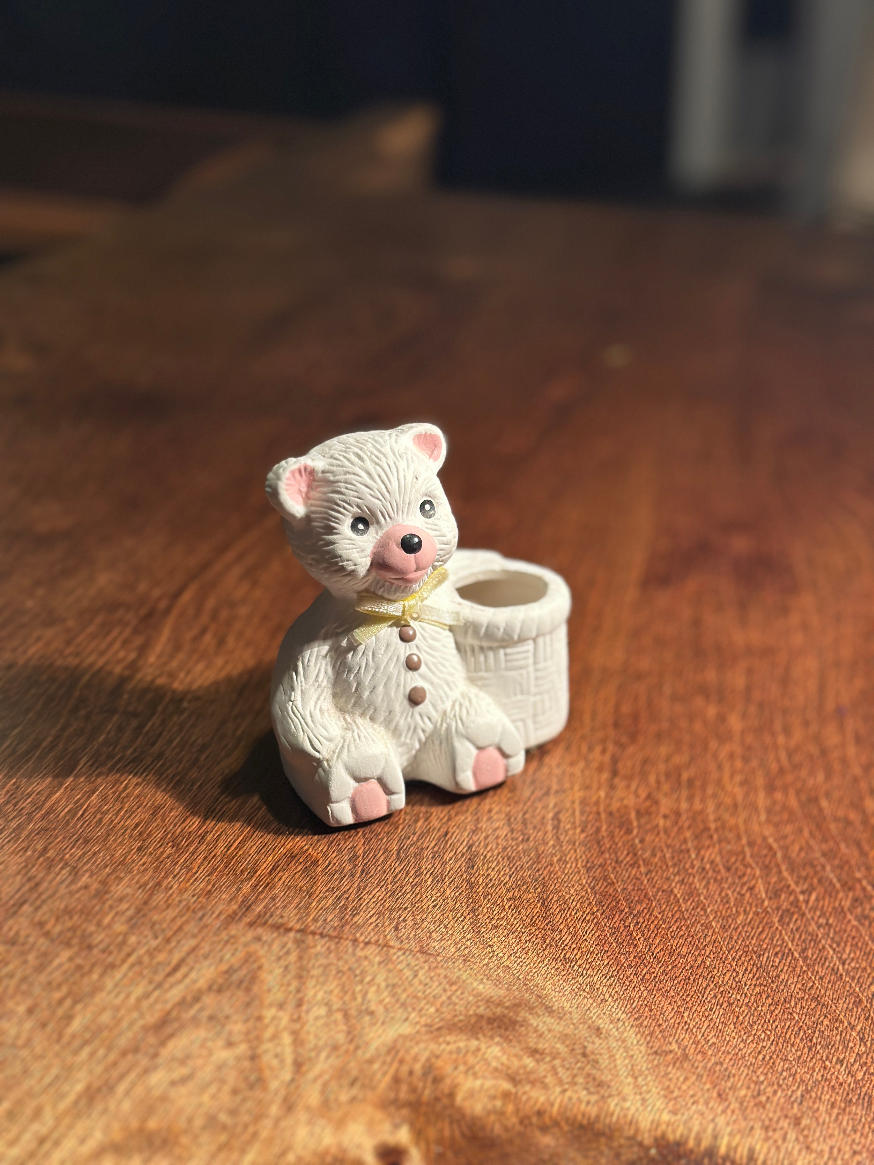 Vintage Teddy Bear Figurine with Basket Candle Holder, Mid-20th Century Nursery Decor