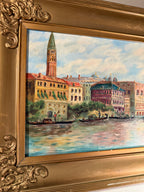 W.H. Gibson Venetian Harbor Oil Painting in Gilt Frame