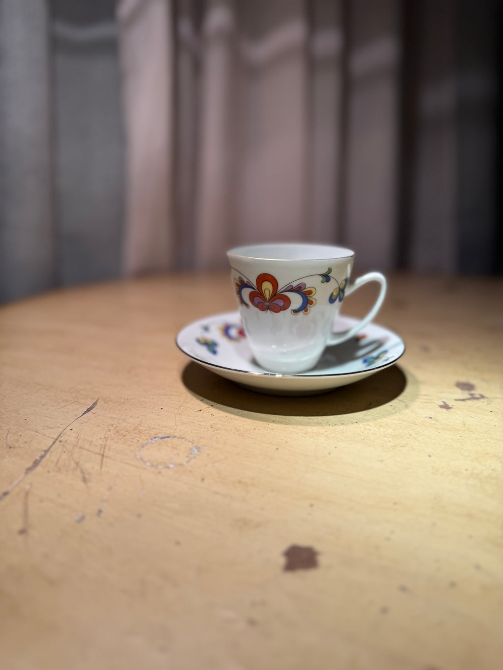 Porsgrund Porcelain Cup & Saucer Norwegian Mid-Century Folk Motif, c.1960s–70s