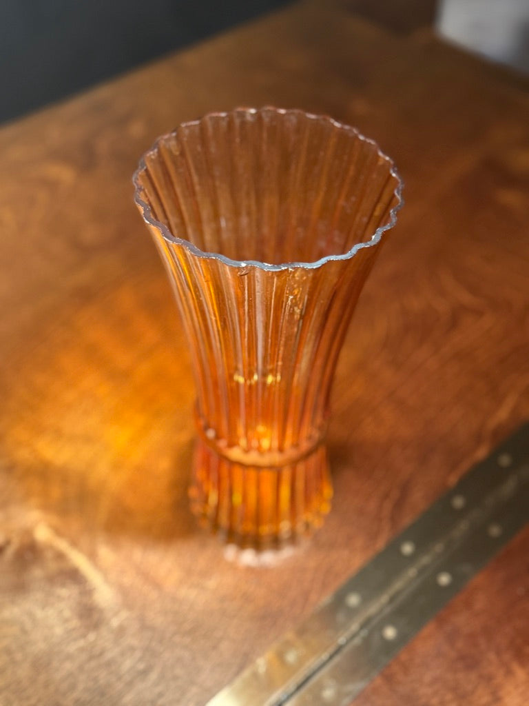 Antique Amber Carnival Glass Vase c.1910–1930 | Ribbed Iridescent Pressed Glass