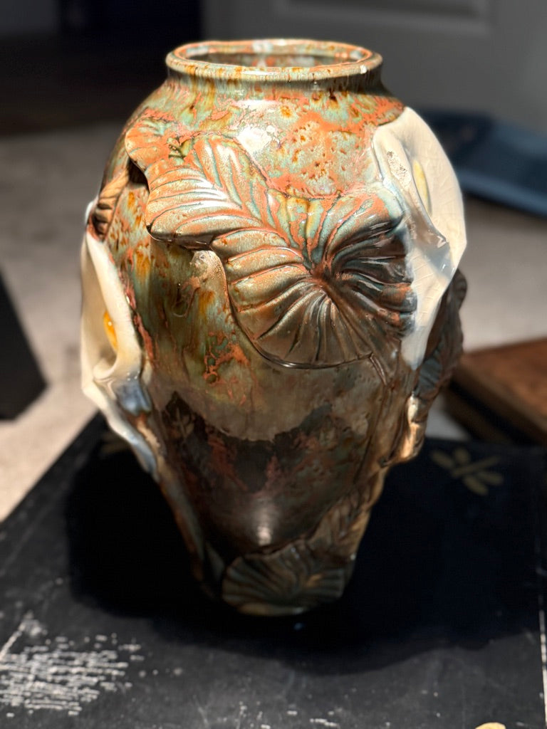 Calla Lilies in Copper Green, Signed Doyle Ceramic Vase
