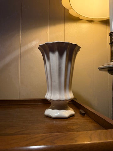 Cream Crackle-Glaze Pottery Urn Vase, Fluted Body on Octagonal Pedestal Foot, c. 1930–1950