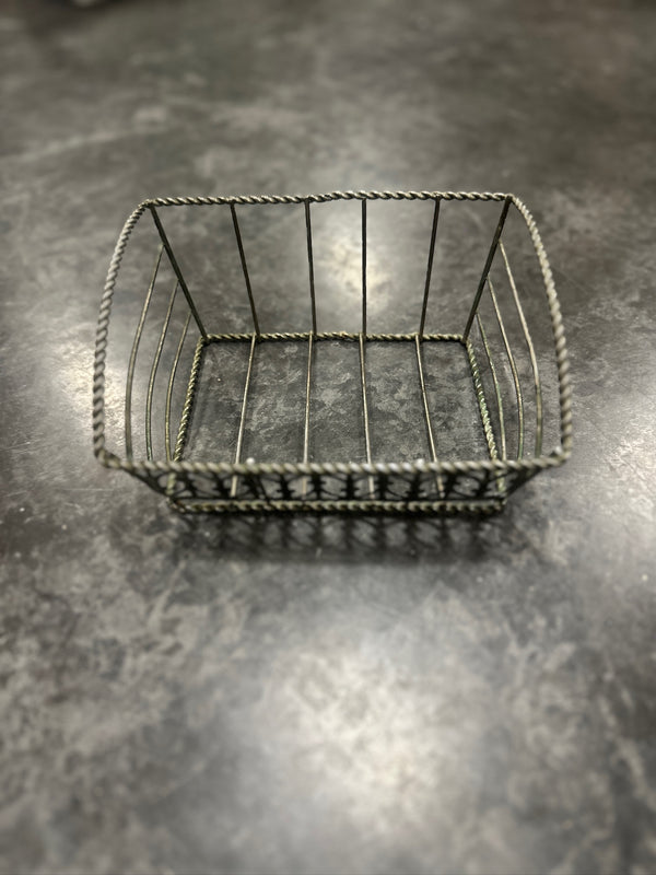 Rectangular Wire Basket with Pressed Sheet-Metal Fretwork End Panels, Twisted Rope Wire Rims, Verdigris Patina, c. 1900–1925