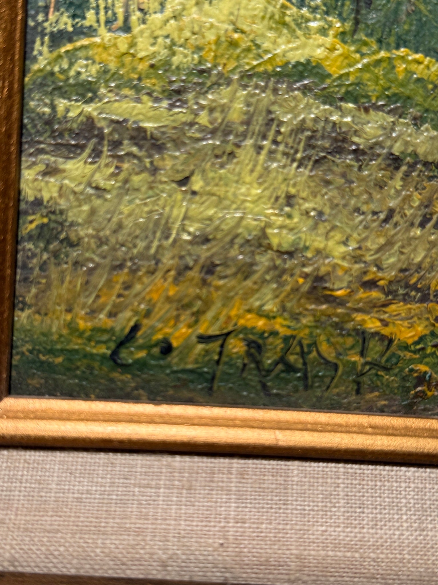 Mid-Century Impasto Landscape Oil Painting Signed “TRASK” — Cottage & River Scene, c. 1955–1965