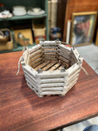 Vintage Hexagonal Slatted Wood Basket with Rope Beckets, c. 1920–1955