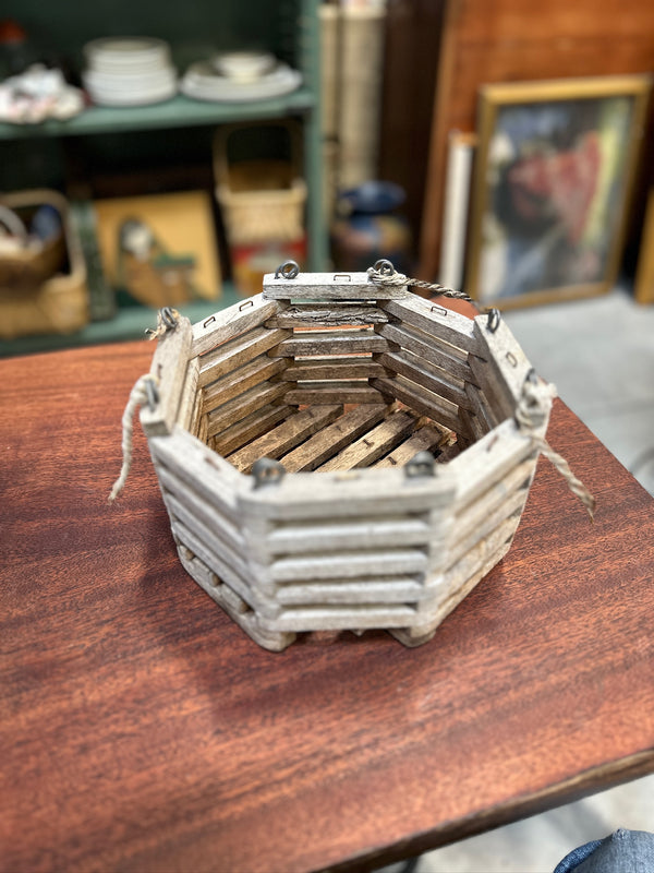 Vintage Hexagonal Slatted Wood Basket with Rope Beckets, c. 1920–1955