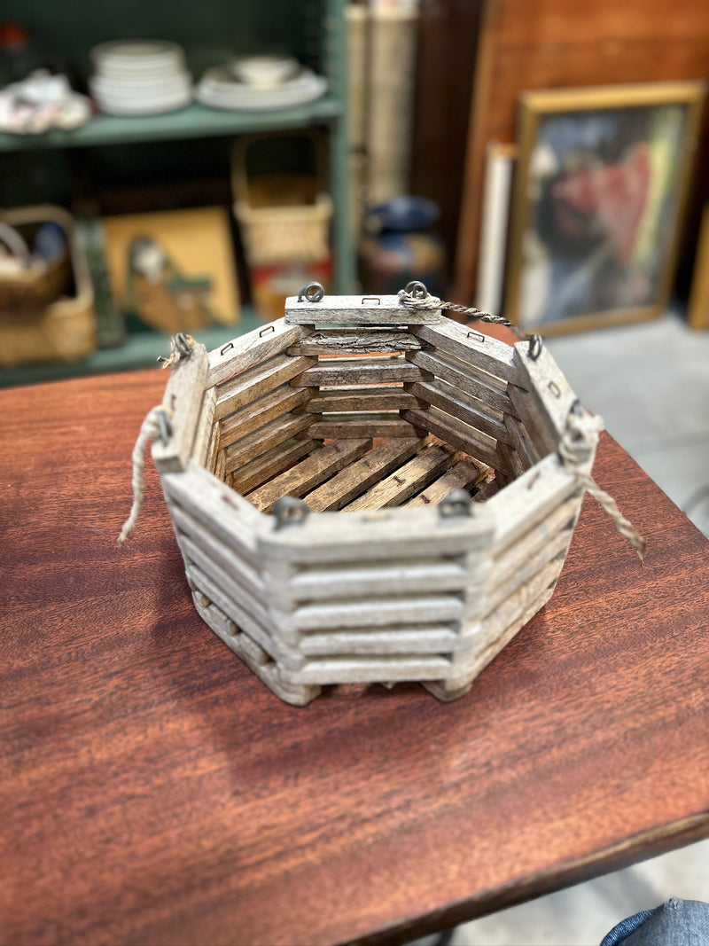 Vintage Hexagonal Slatted Wood Basket with Rope Beckets, c. 1920–1955