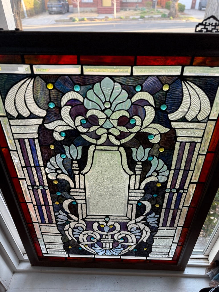 Antique Art Nouveau Stained Glass Window Panel c.1900–1915 – Floral Leaded Glass with Jewels