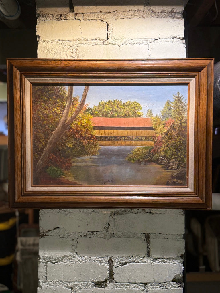 Terry Daugherty Covered Bridge Landscape (1987) | Signed Oil Painting on Canvas