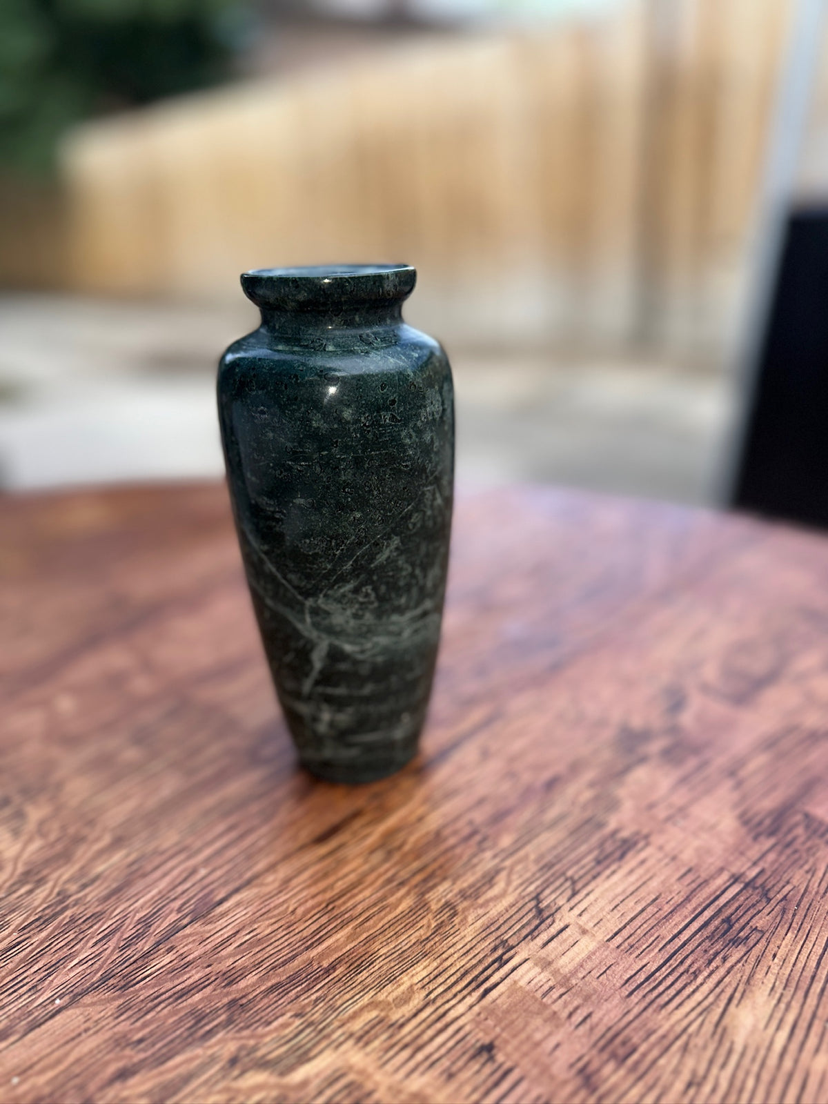 Turned Green Marble Bud Vase with Flared Collar Rim, Veined Serpentine Stone, c. 1970–2000