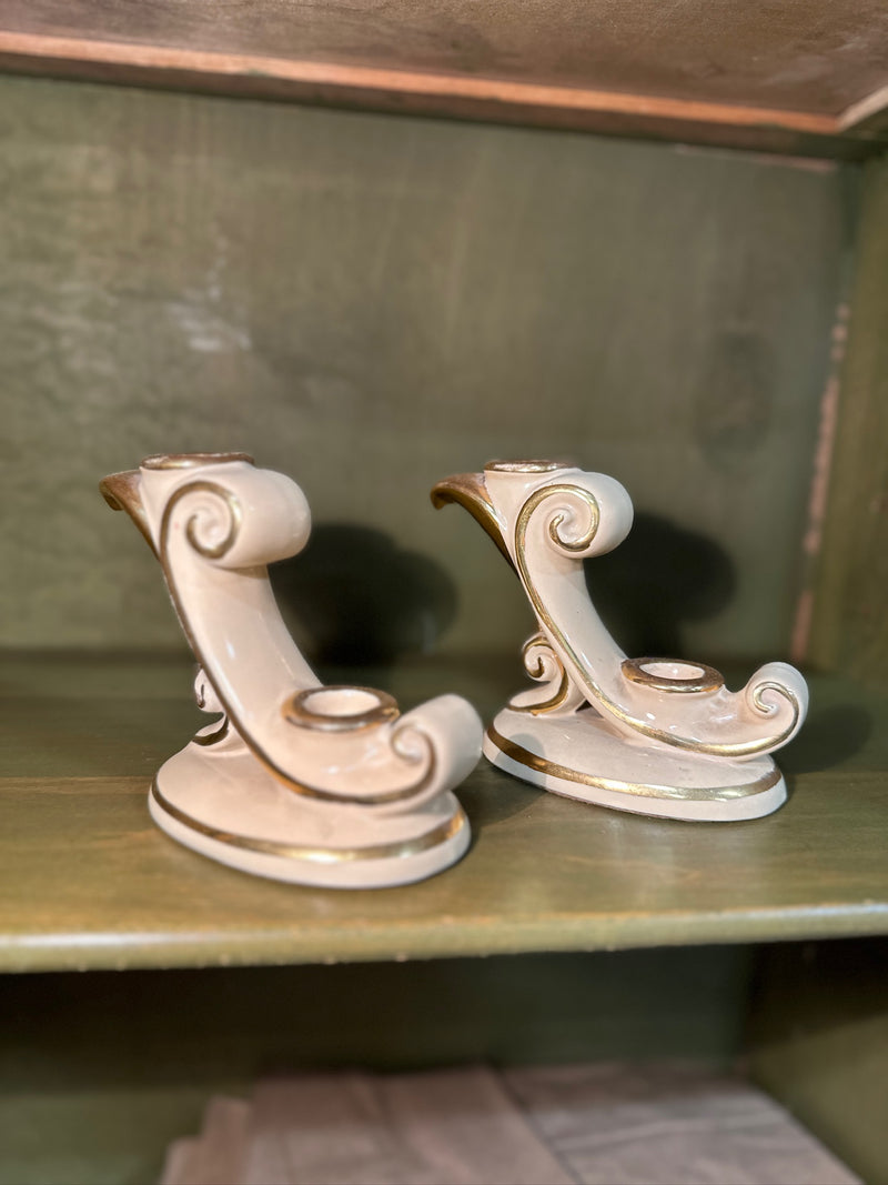 Pair of Ivory and Gilt Ceramic Double Candle Holders, Mirrored S-Scroll Form with Twin Sockets, c. 1945–1965