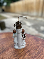 Miniature Figural Oil Lamp, Porcelain Courting Couple Flanking a Gilt Fluted Font, with Original Brass Burner, Continental, c. 1890–1940