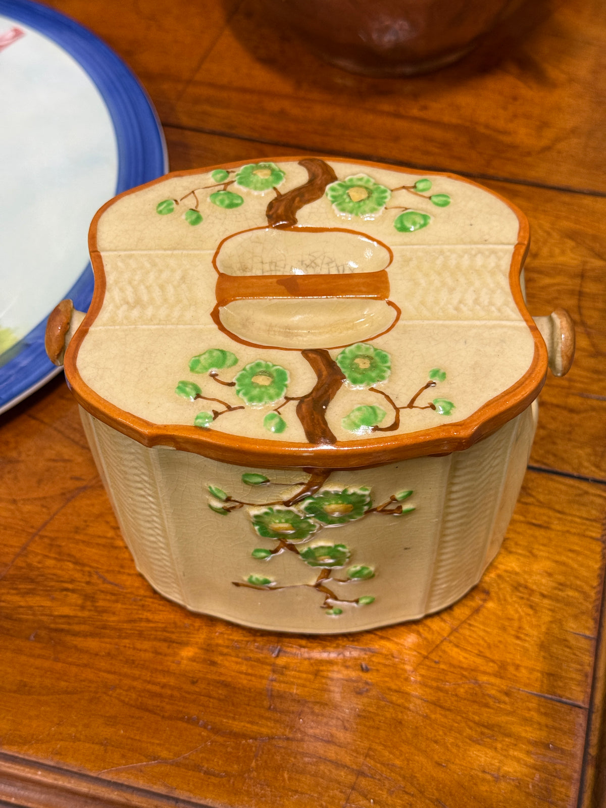 Vintage Japanese Hand-Painted Majolica Biscuit Jar, c. 1921–1941
