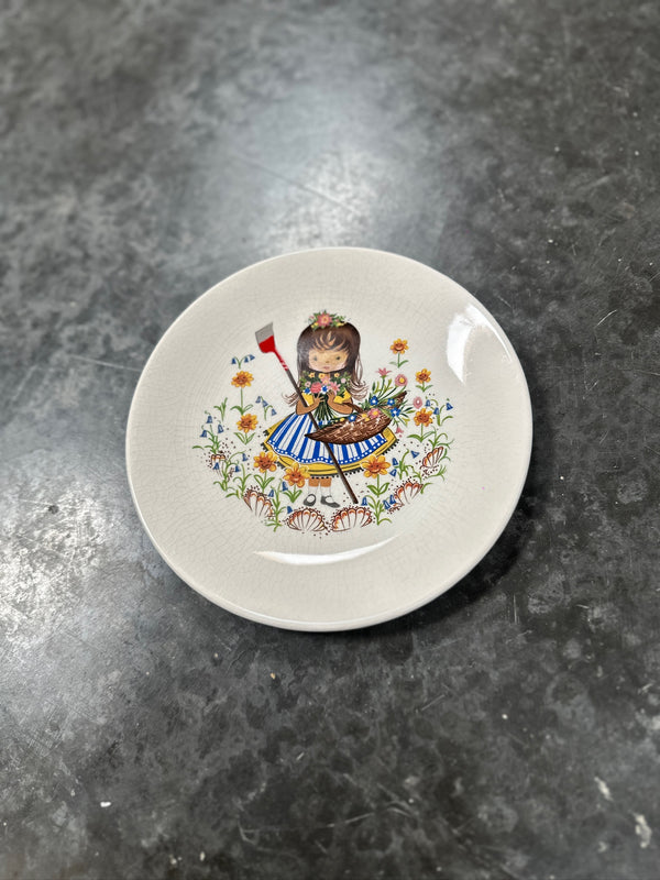 Altered Vintage Ridgway Staffordshire Plate, Flower Girl with Added Painted Axe, Dark-Humour Overpaint on a Mid-Century English Blank