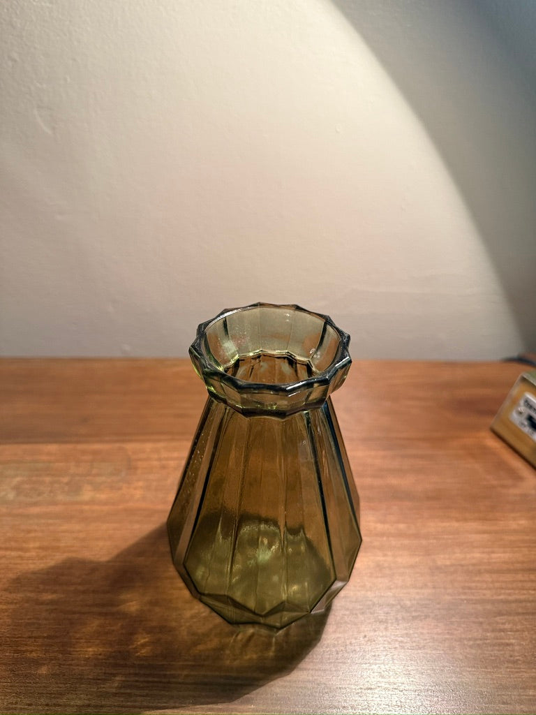 c. 1970s Olive Faceted Glass Mid-Century Vase