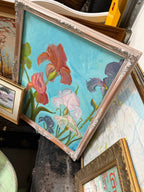 Large Bearded Iris Oil Painting on Turquoise, Monogrammed, Limed Rococo Frame, c. 1990–2010