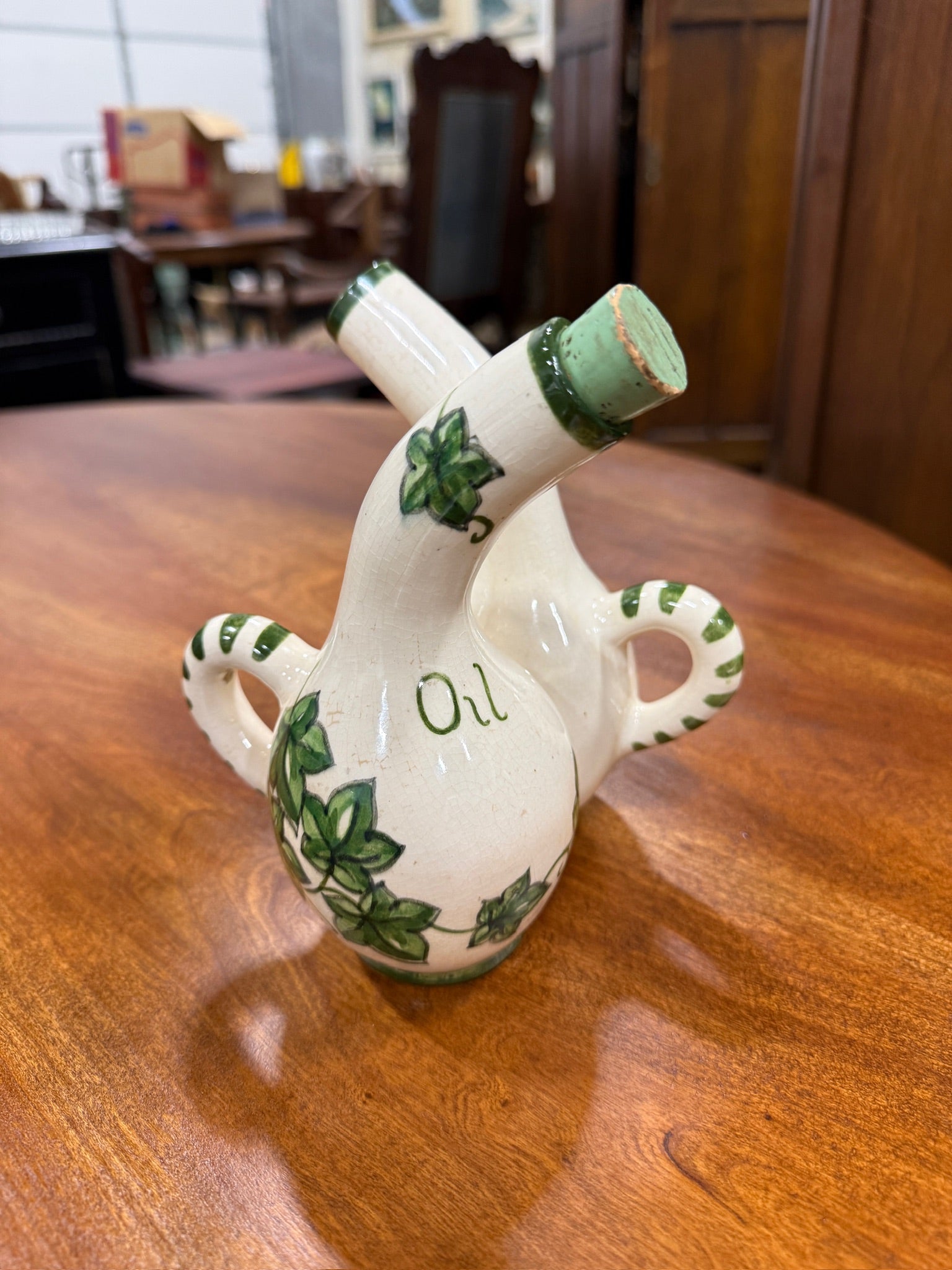 Vintage Mid Century Ceramic Oil and Vinegar Cruet with Hand-Painted Ivy c 1950s