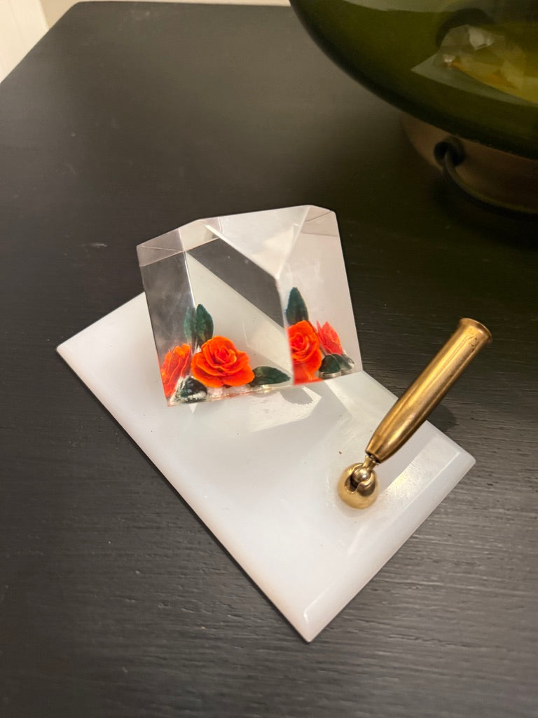 c. 1960s Lucite Rose Desk Pen Holder