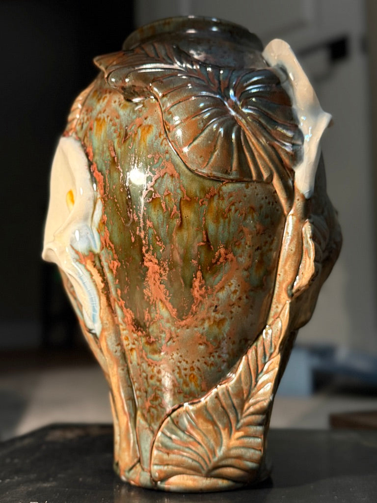 Calla Lilies in Copper Green, Signed Doyle Ceramic Vase
